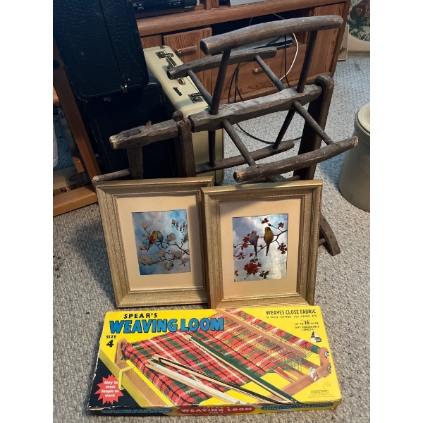 Antique spinning loom with two vintage frame pitchers and a spears vintage weaving loom size 4 weave