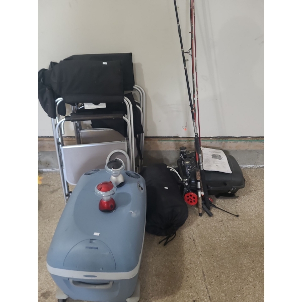 Mobicool Cooler 22.5 W, 15 D, 19 T, BBQTek Grill GPT1813G, Chairs, Fishing Poles, Camping Items