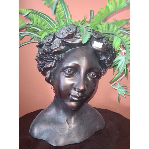 Ceramic Planter of Woman w/ Rose Crown 12 W, 15 T, Includes Artificial Fern Stems