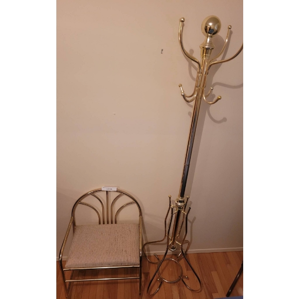 Brass Tone Coat Rack and Armchair with Upholstered Seat