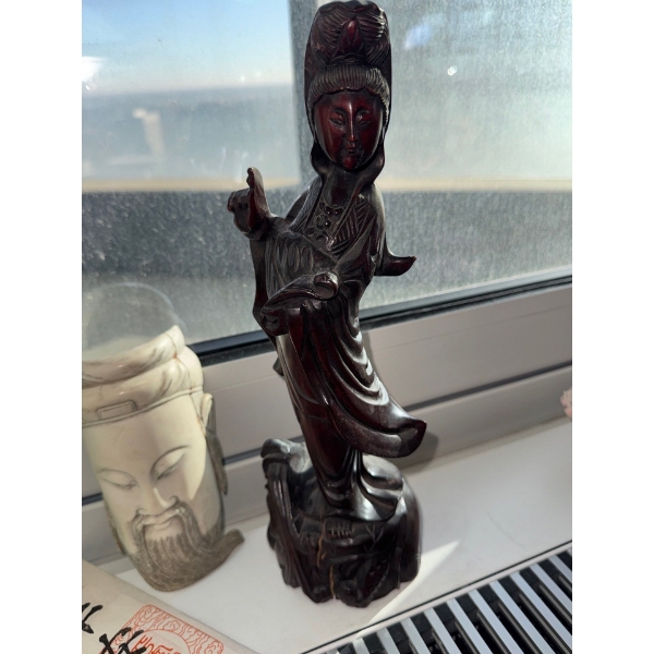 Hand Carved Rosewood Kuan Yin 14T w/ Japanese Bone Mask & More 