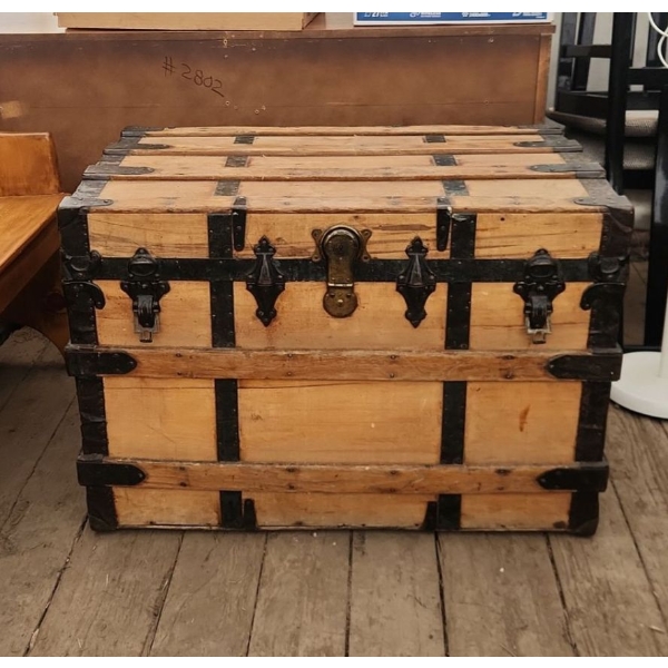 Vintage Wood and Black Metal Trunk, Lock Needs Replacing - 26"H x 36"W x 22"D