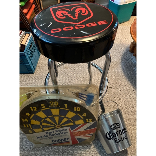 Dodge barstool with British Cooper dartboard and two Corona buckets