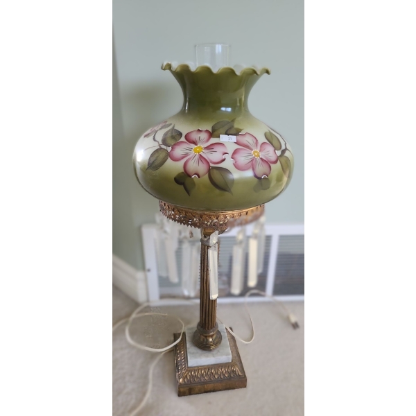 Vintage Lamp w/ Metal Base and Painted Glass Shade- Base: 6 X 6, 25 T 