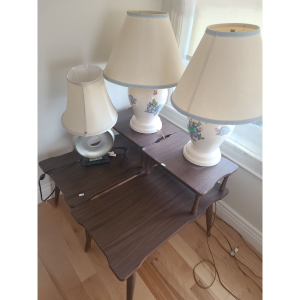 Two MCM Tables 16 W, 28 D, 22 T, Three Lamps: Pair 22.5 T to Top of Shade, Circular Design Base 20 T