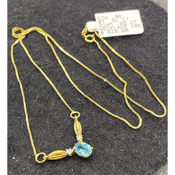 Blue Topaz, 10K Gold and Diamond Necklace (total weight 2.5g)