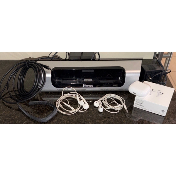 Bundle of Home Electronics- iHome Docking Station, Apple Head Phones, Apple Airpods-One Missing, & W