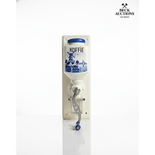 Vintage Delft Blue-Style Wall-Mounted Coffee Grinder.
