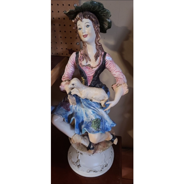 Painted Ceramic Statue of Woman with Lamb 26 T, 9 Diameter Base