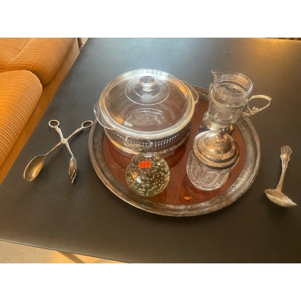 Serving Tray, Silver and Glass Serving Bowl, Gravy Boat, Serving Jar, Silver Tongs, Silver Ladle.