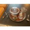 Image 1 : Serving Tray, Silver and Glass Serving Bowl, Gravy Boat, Serving Jar, Silver Tongs, Silver Ladle.