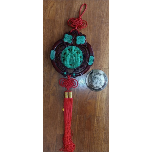Lovely Faux Jade Oriental Monk Hanging Wall Art w/ Lovely Oriental Art Orb on Stand