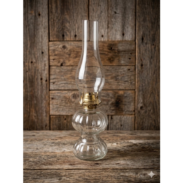 Antique Glass Oil Lamp with Brass Burner and Chimney