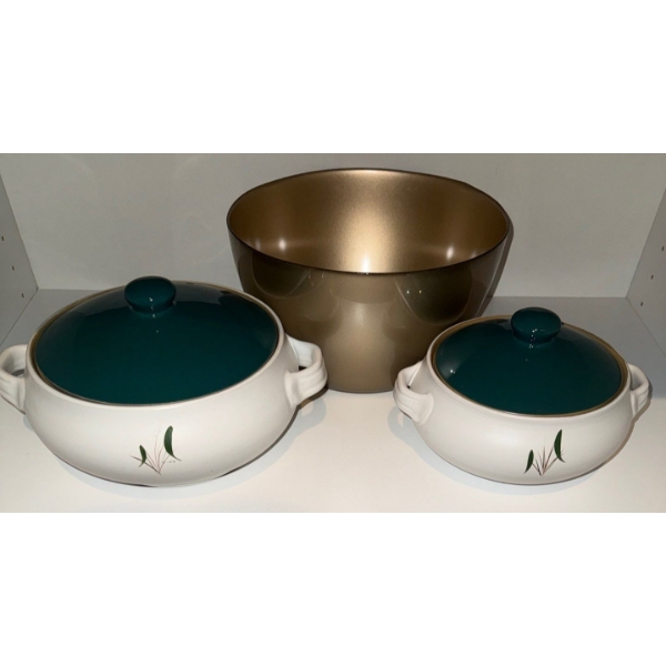 Vintage Denby Greenwheat Stoneware Casserole Dishes w/ Lids & Large Mixing Bowl 