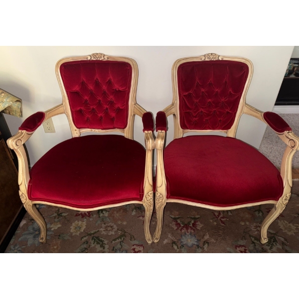 2 PCS. Neo Baroque Red Velvet Parlor Chairs 34T ( One Is Slightly Deflated )