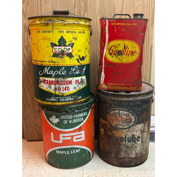 -4 old oil cans Co-Op Esso UFA and one vintage gas can