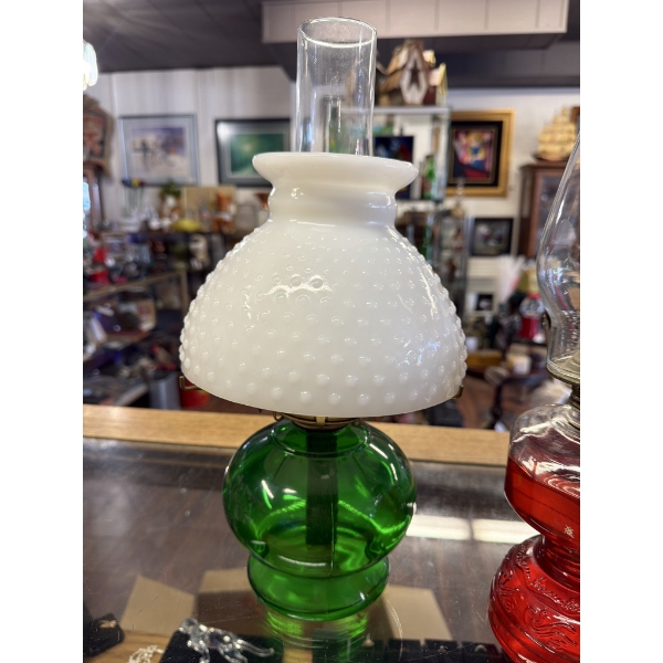 Green Glass Oil Lamp with White Hobnail Shade