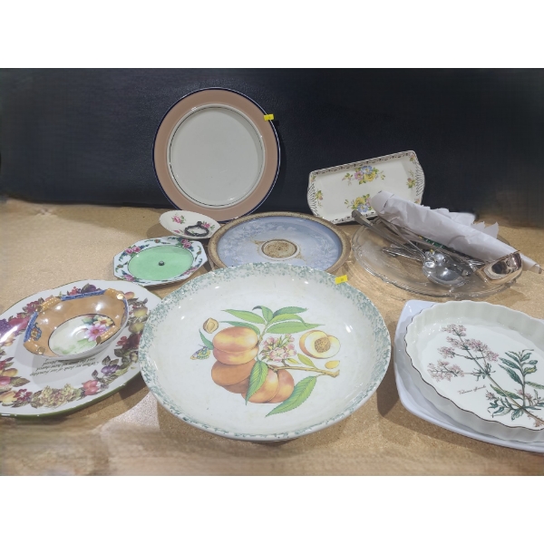Assortment of Plates- Largest: Peaches 14" Diameter- Tiered Plate Not Complete/ Parts Only, Utensils