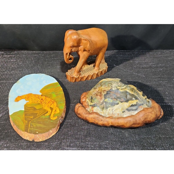 Detailed Wooden Elephant with Folk Art Wooden Animal Motifs