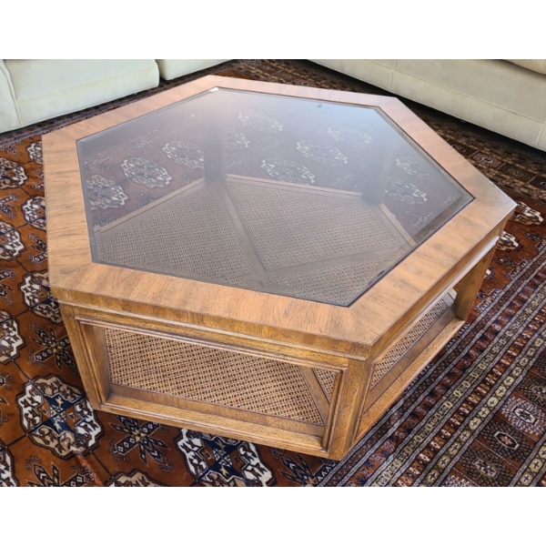 Vintage Hexagonal Glass Wicker Coffee Table - 39W, 17T