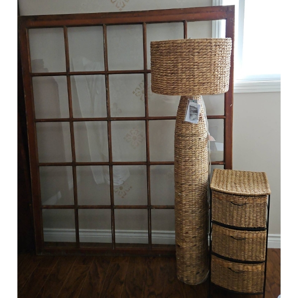Handmade Wicker Floor Lamp, 3-Drawer Storage Unit, and Window Frame