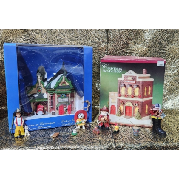 Christmas Village Decorations With Illuminated Fire Stations Themed Ornaments and Slow Globe