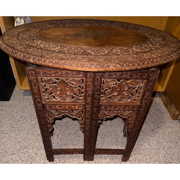 Antique Liberty's Victorian Circa 1880 Inlaid Anglo Indian  Carved Folding Table 23T