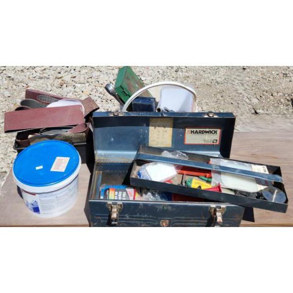 Blue Metal Toolbox and Contents Incl: Sockets, Wrenches, Sanding Belts and More!