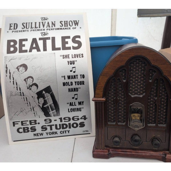 GE 7-4100JA Cathedral Style AM/FM Radio and Beatles Ed Sullivan Poster
