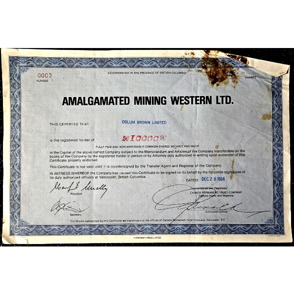 Vintage Stock Certificate (1984, Amalgamated Mining Western Ltd.) #1