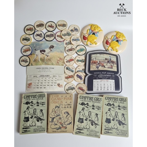 Jello Coins, Wooden Nickels, Vintage  Camp Fire Girl Books, Little Piggy Pottery, Antique Calenders