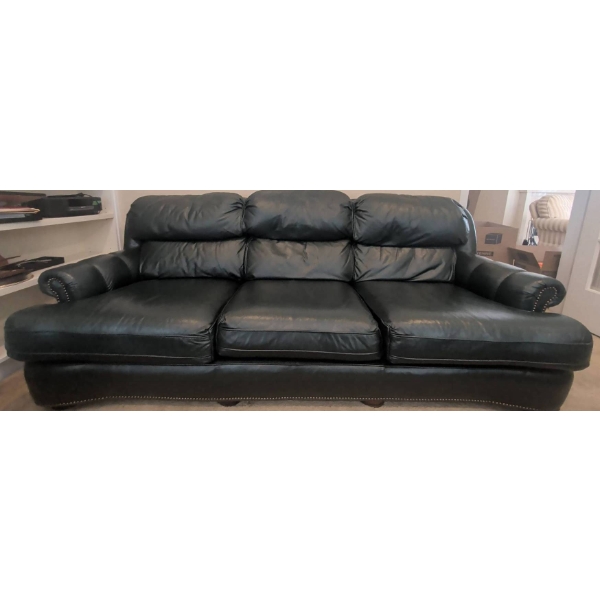 Classic Leather Three-Seat Dark Green Leather Sofa with Nailhead Trim