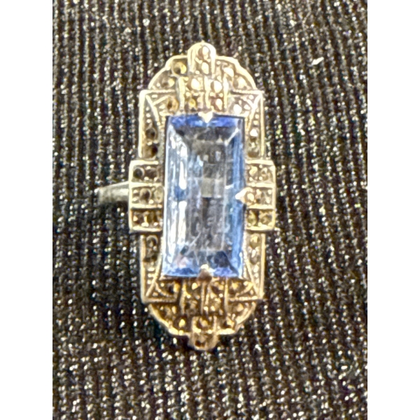 Art Deco Sterling Silver Marquisite Ring Blue Crystal