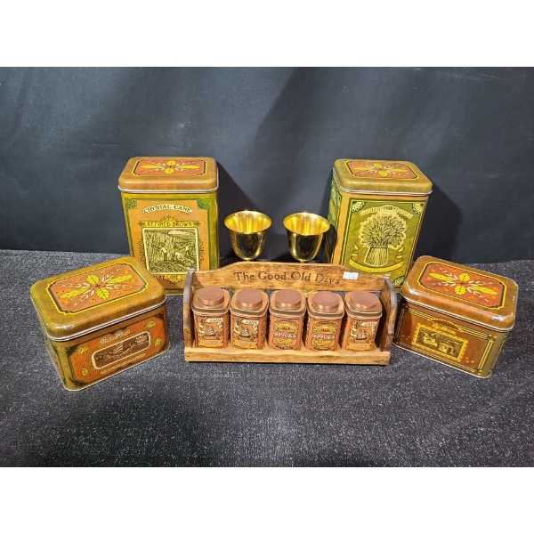 Two Italian 24K Gold Plated Goblets, Canisters- Largest: 5 W, 6 D, 9  Spice Rack 12 W,  3 D, 3.5 T