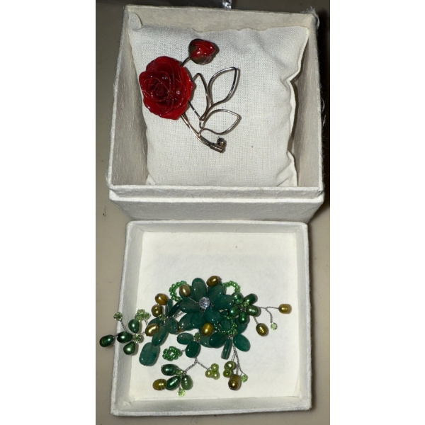 Two Beautiful Broches- Roses & Green Beads