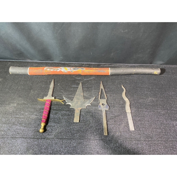 Collection of Forged Steel Daggers, Knives and a Hand Painted Rain Stick