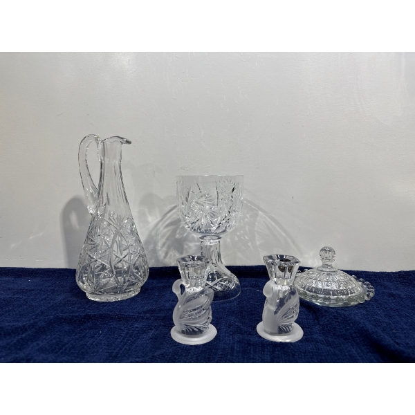 Crystal Pitcher, Candle Holders, Cup and Dish