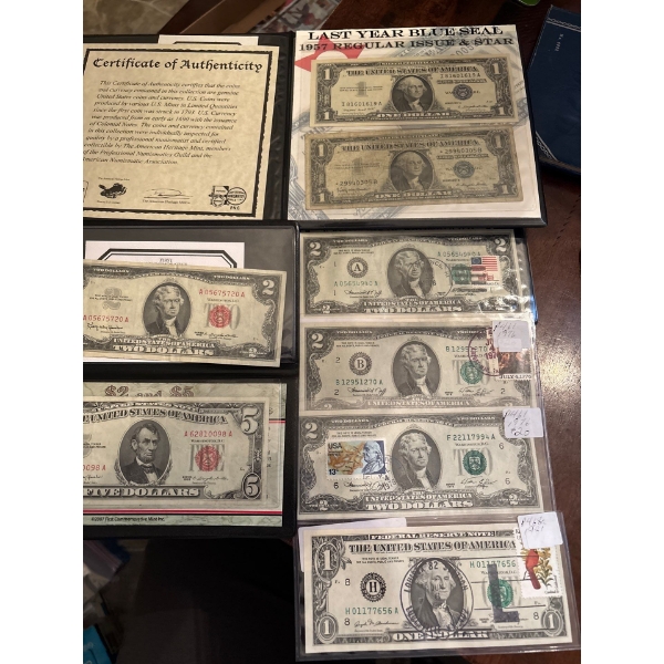 Collection Of 9 US Bank Notes  3  X 2$ Bank notes with cancellation stamps on them & 1$ 1981/1976
19