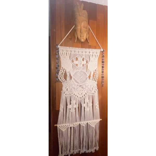 African Light Oak Mask w/ Woven Hanging Macrame  Handmade Bohemium Dreamcatcher