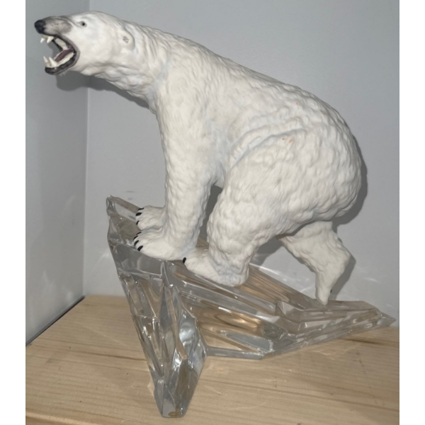 'Lord Of The Ice' Polar Bear Sculpture by The Franklin Mint ft/ Porcelain Polar On Crystal Ice