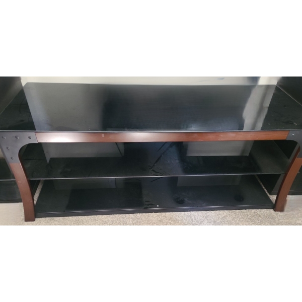 TV Stand 56 W, 21 D, 21.5 T, Tempered Glass Top Two Shelves