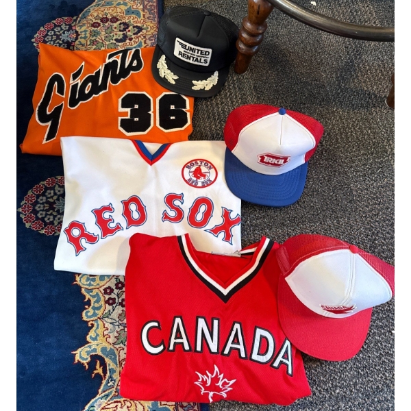 3 Vintage Baseball Jerseys w/ Collectable Caps  - Men's M-L Giants Red Sox & More