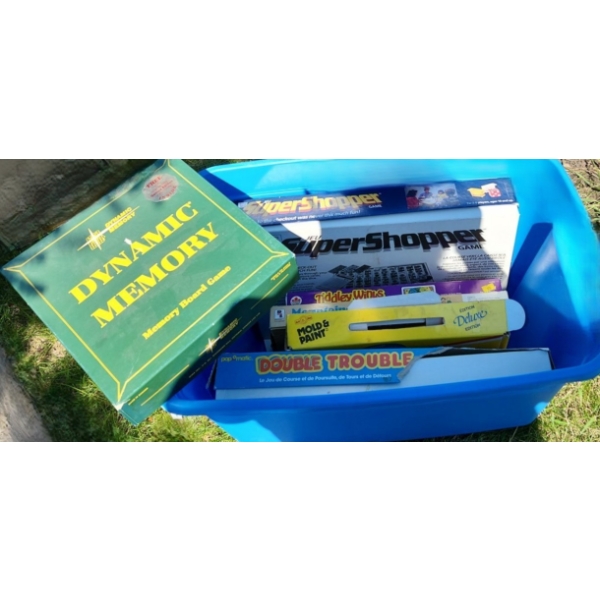Bin w/ Boardgames and Small Bag of Plastic Toys