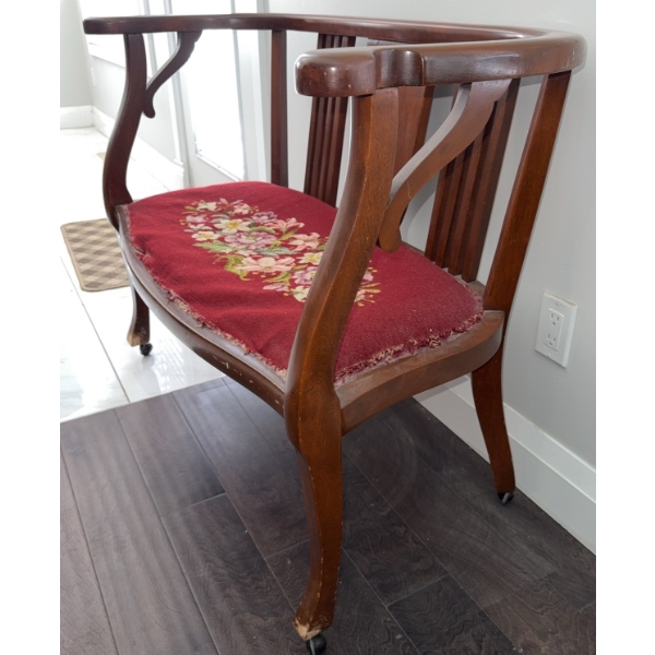 Wood Settee with Floral Needlepoint Seat