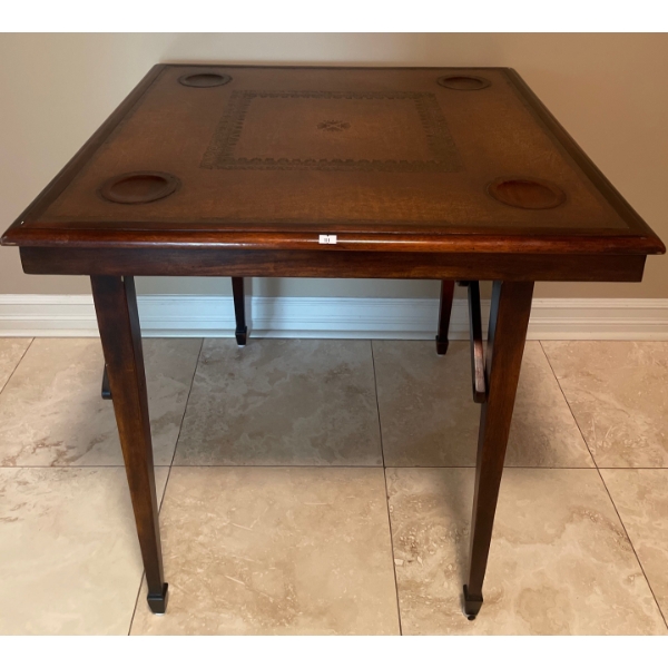 Vintage Walnut Folding Game Table w/brown leather top  32"w x 32"d x 30"tall