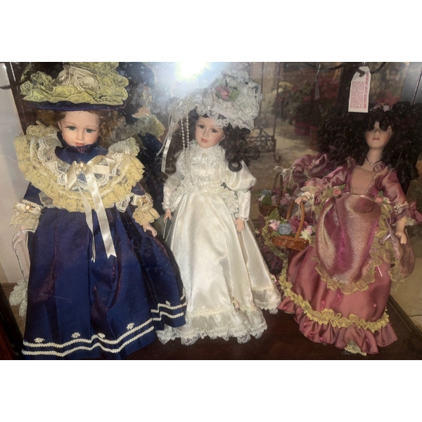 Vintage Decorative Dolls - Porcelain - 13T - Navy White & Coral Gowns 