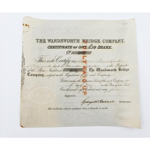 Vintage Collectible Share Certificate From The Wandsworth Bridge Company, Issued On May 1, 1865