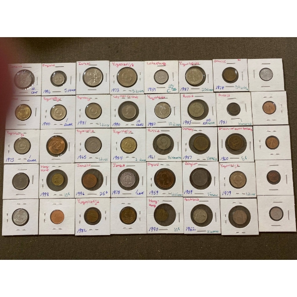 40 World Coins in Labeled Card Holders