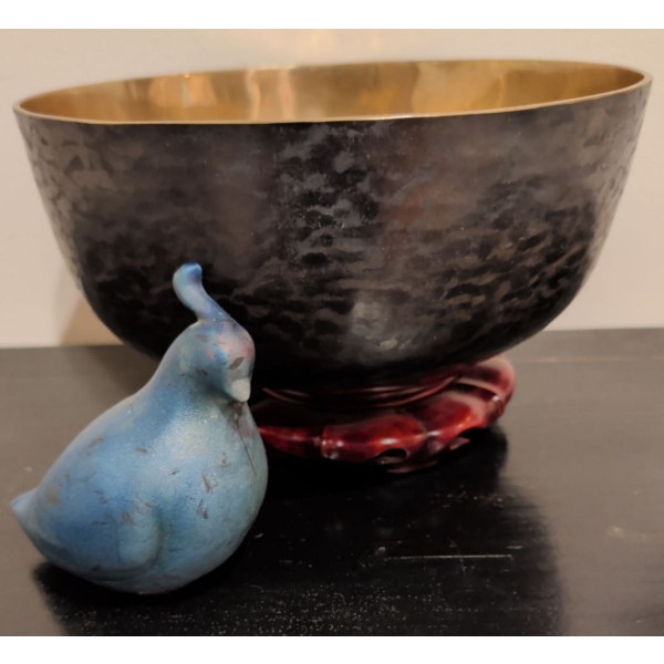 Tibetan Hammered Metal Singing Bowl 9"Diameter w/ A Small Blue Bird Figurine 