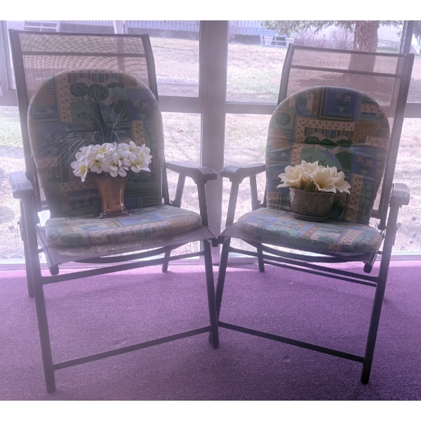 Two Sling-Back Patio Chairs with Cushioned Seats